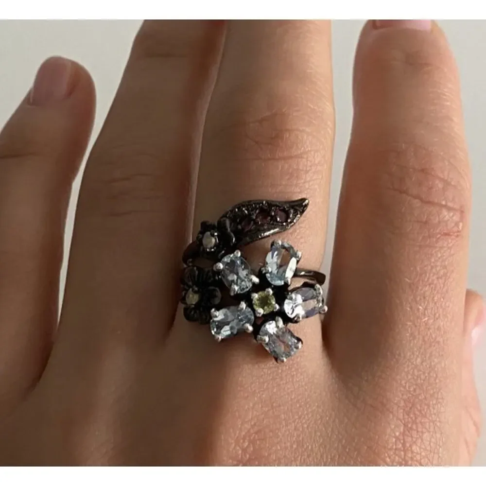 925 Blackened Silver Topaz, Garnet, Peridot & Opal Ring Size 8
